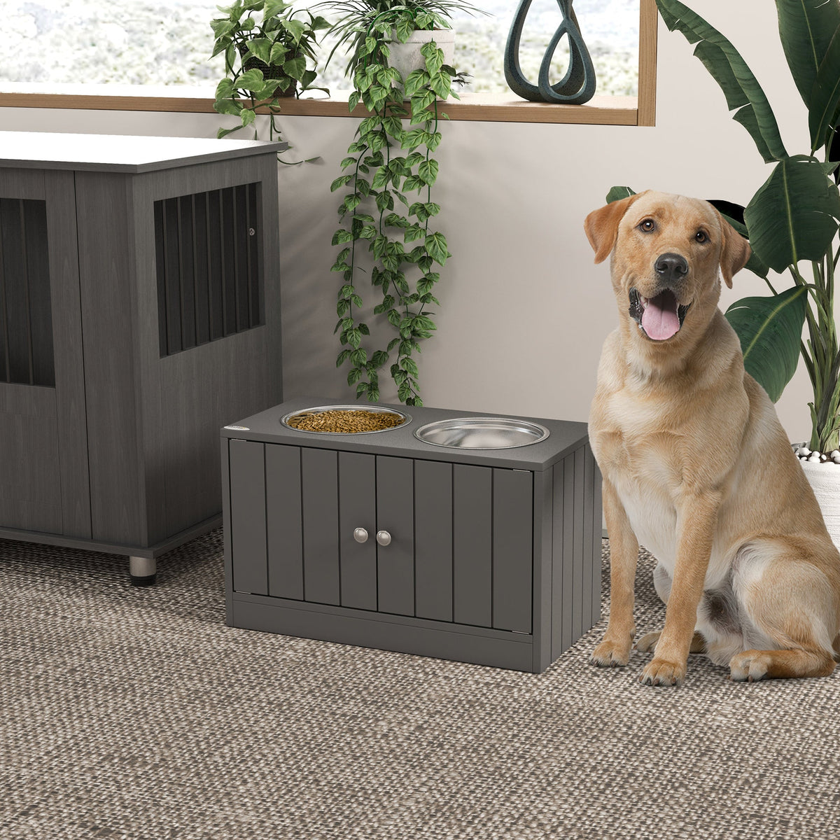 Elevated Dog Bowls with 44L Storage Cabinet & Magnetic Doors for Large Dogs โ Gray