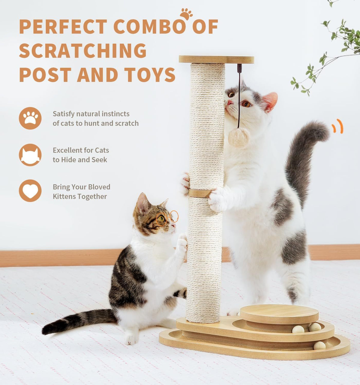 Sisal Cat Scratching Post with 3-Level Ball Track Toy and Top Ball for Indoor Cats โ view 4