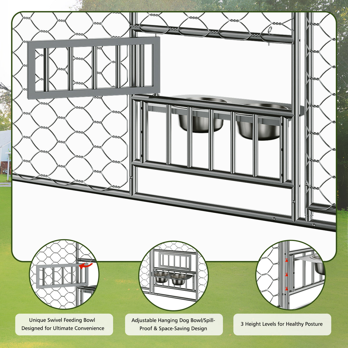 Large Outdoor Dog Kennel with Canopy โ 20x10 Ft, Galvanized Steel, Elevated Feeding Bowls, Silver โ view 7