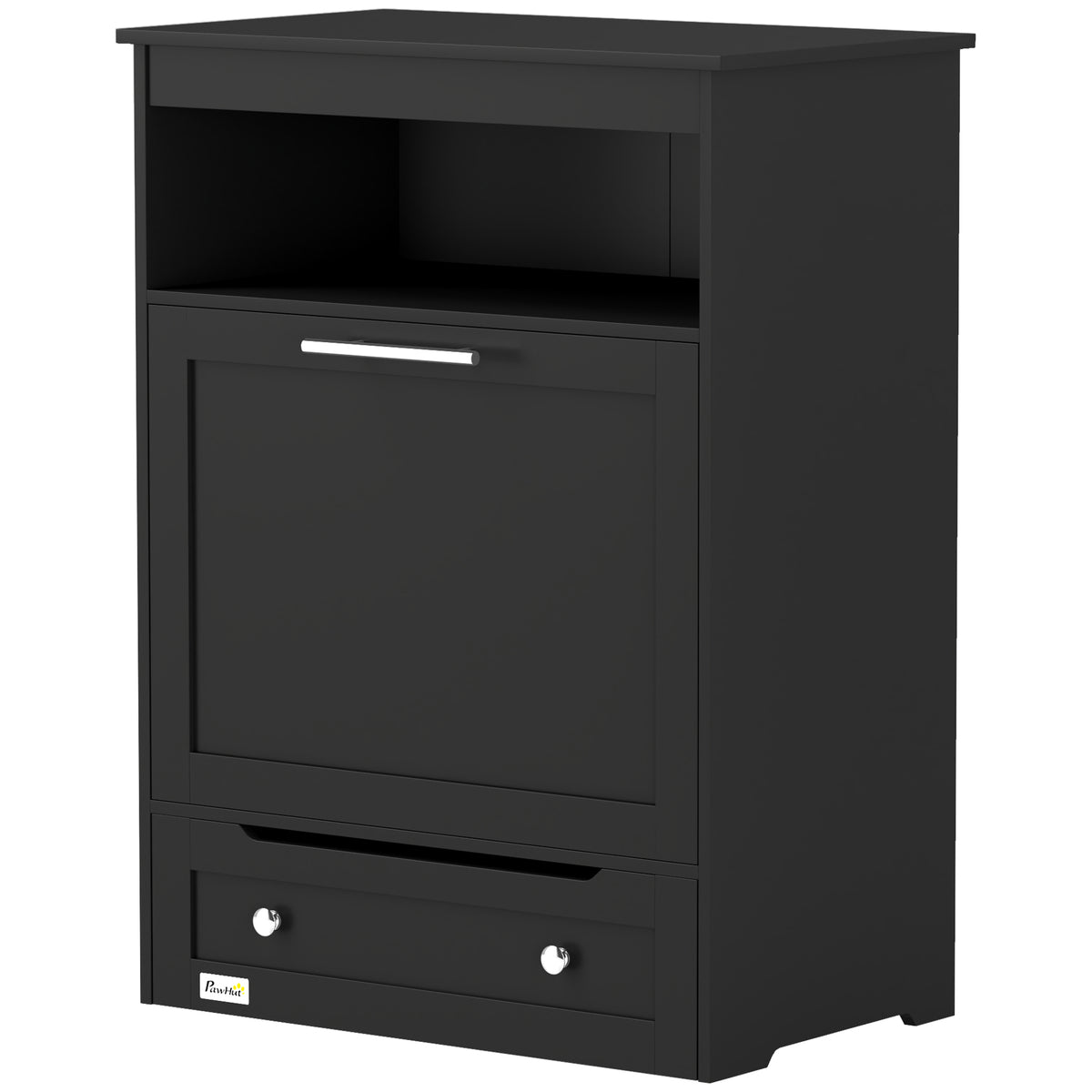 Pet Feeder Storage Cabinet with Pull-Out Bowl Drawer, Shelf & Leash Hooks, Black โ view 9
