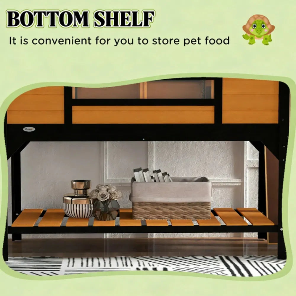 Wooden Tortoise House with Dual Hide Boxes, Divided Run & Lamp Holder, Yellow and Black โ view 7