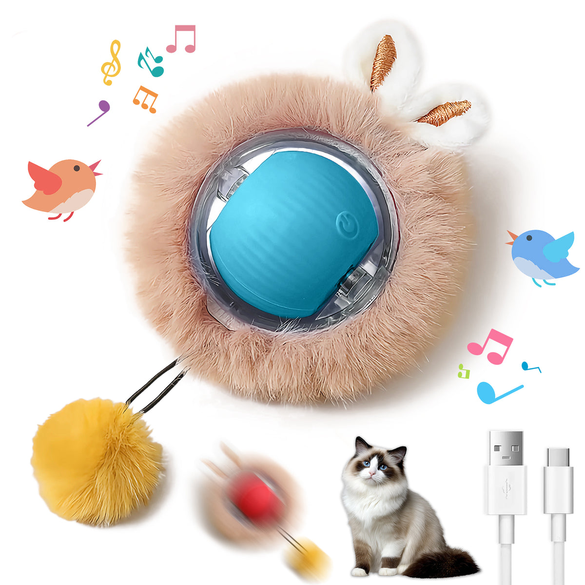 Motion-Activated Moving Cat Ball with Lights, Fluffy Tail and Bunny Ears, 3 Speed Modes โ view 4