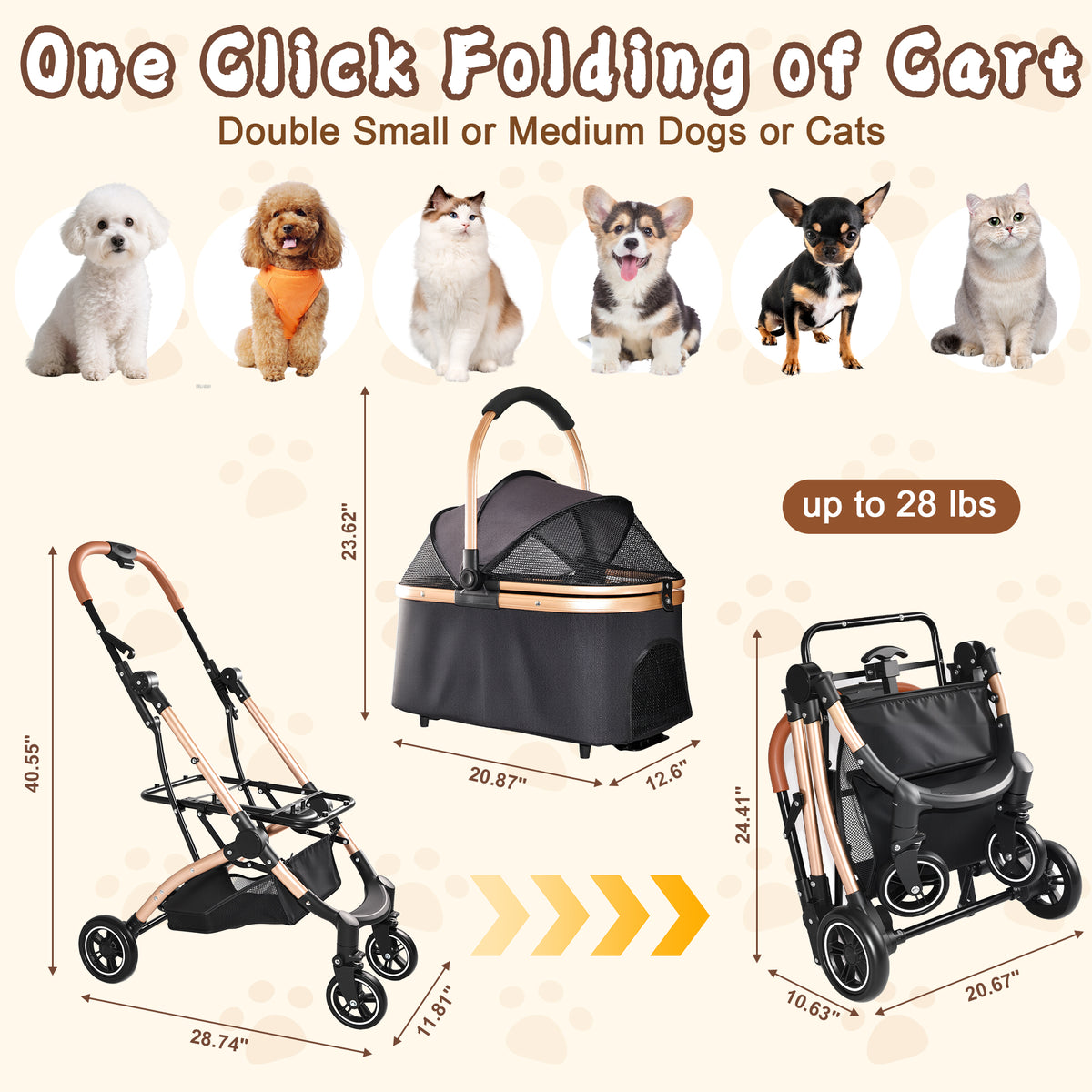 2-in-1 Detachable Pet Stroller – One-Hand Fold, Carry Basket, Sun Canopy, Storage Basket, Black – view 5