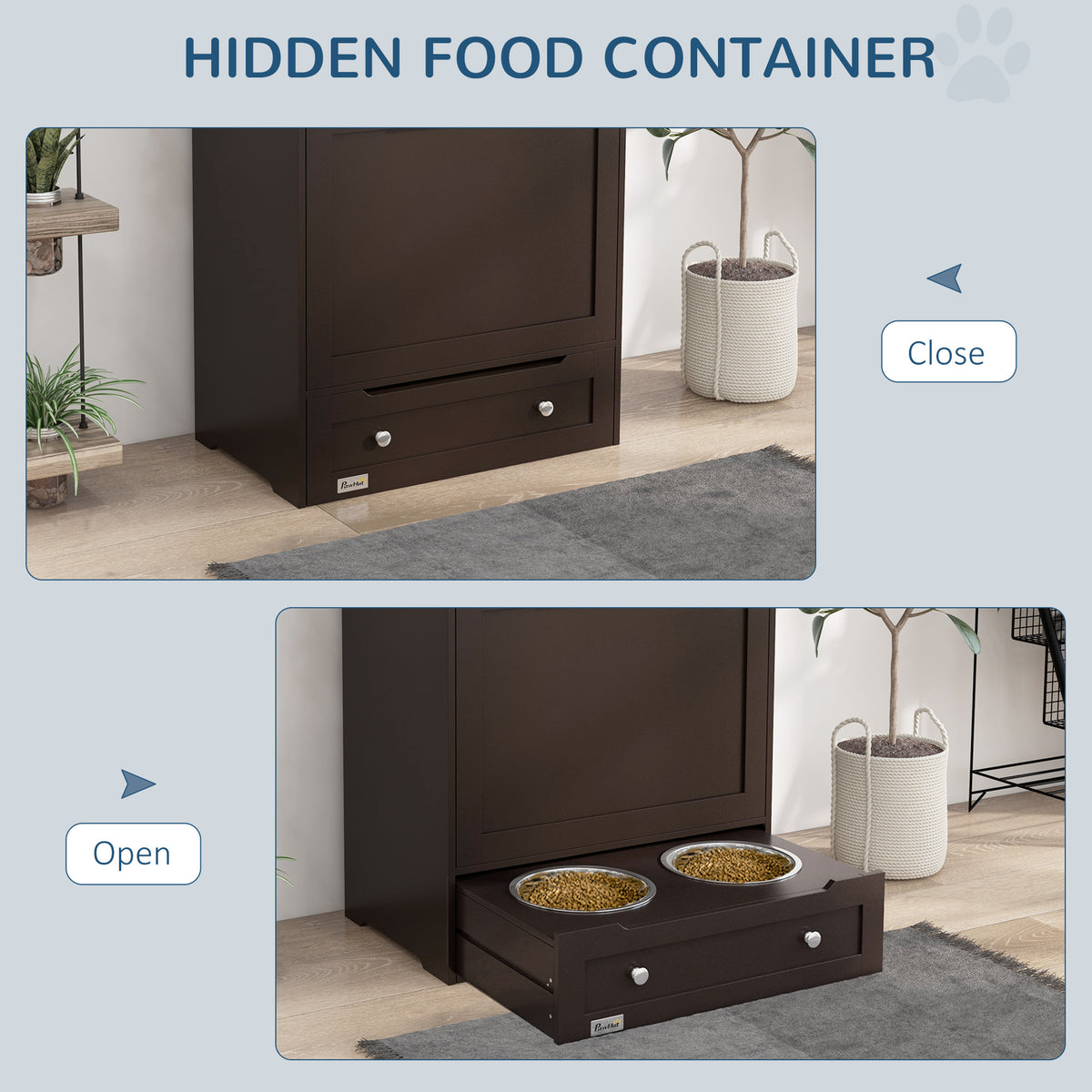 Pet Feeder Station Storage Cabinet with Pull-Out Bowl Drawer, Shelf & Leash Hooks, Brown โ view 6