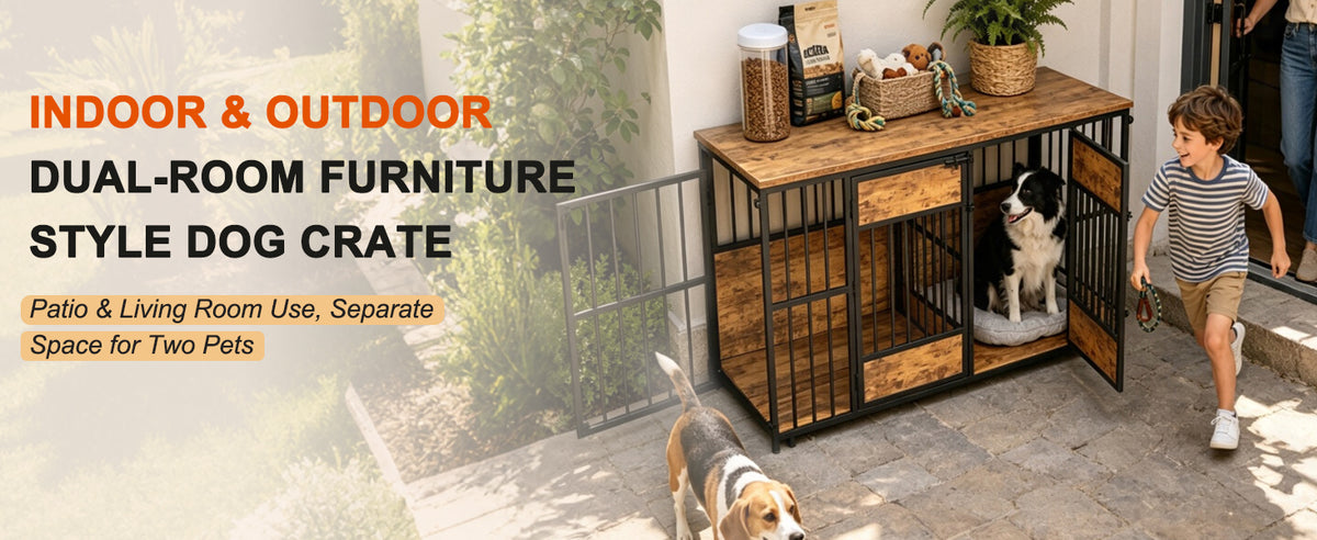 Wooden Dog Crate Furniture โ Large Indoor Kennel with Tabletop, Metal Bars, Antique Brown โ view 3