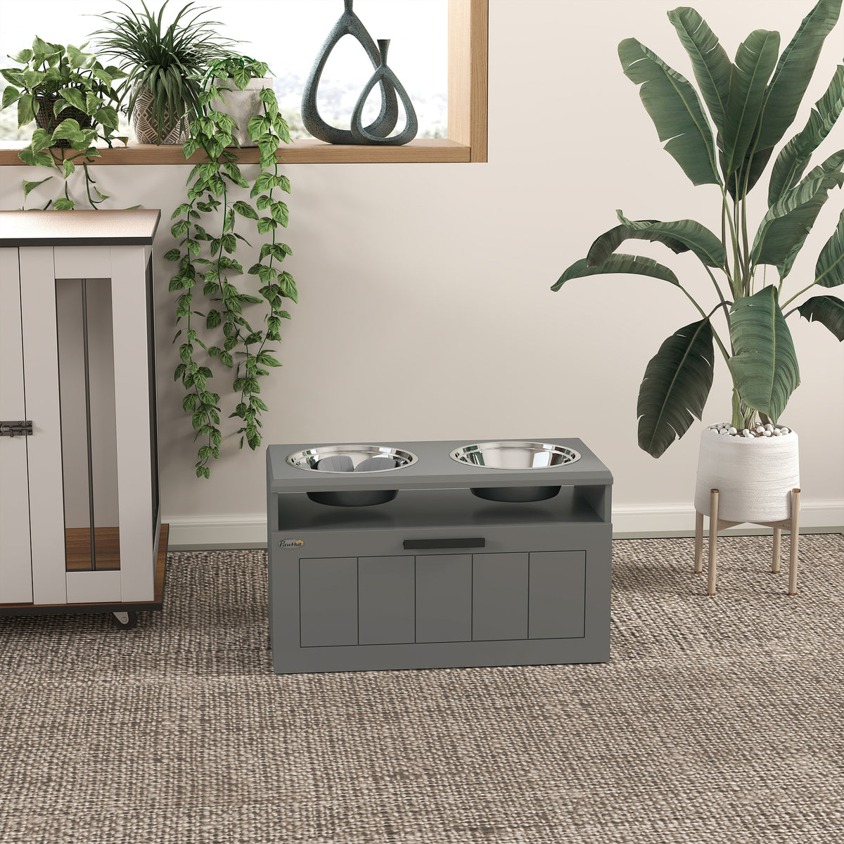 Elevated Dog Bowl Stand with Storage Drawer, 2 Stainless Steel Bowls & Slow Feeder Mat, Gray โ view 8