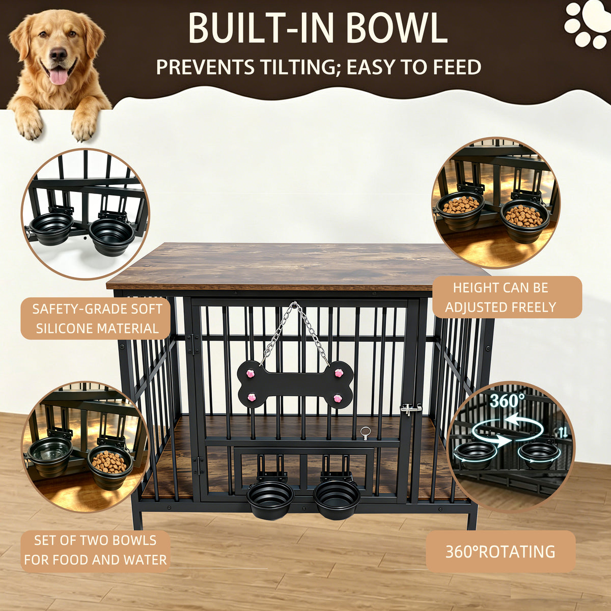 Wood Grain Metal Dog Crate Furniture โ Double Outside-Fill Bowls, Bone Door Plaque, Brown & Black โ view 6