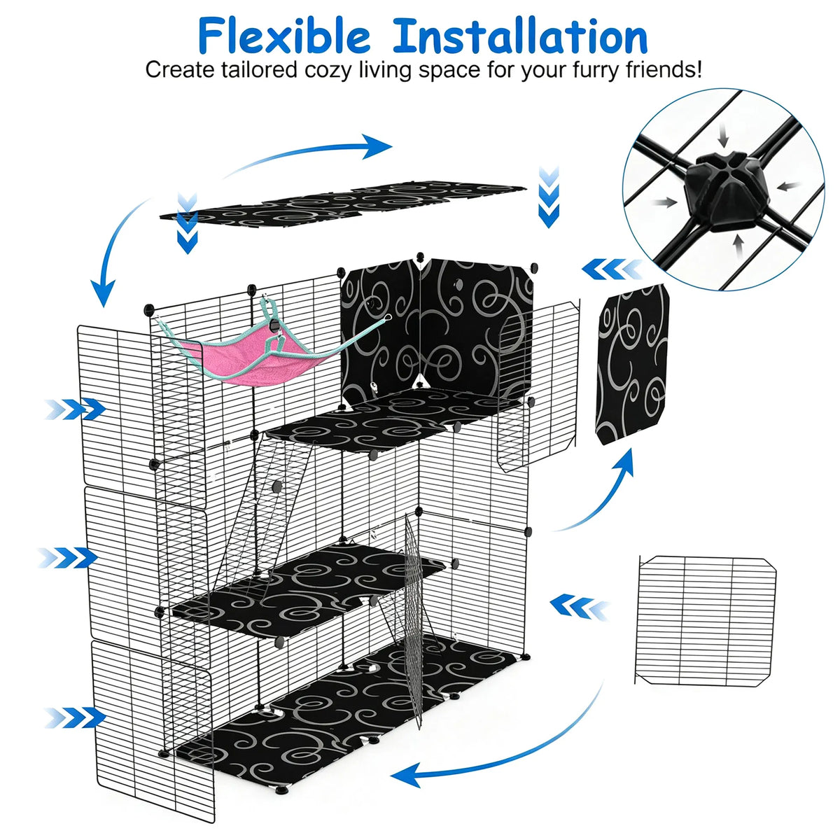 3-Tier Black Metal Cat Cage with 3 Doors, 2 Ladders, Plush Hammock and Toy Ball โ view 8