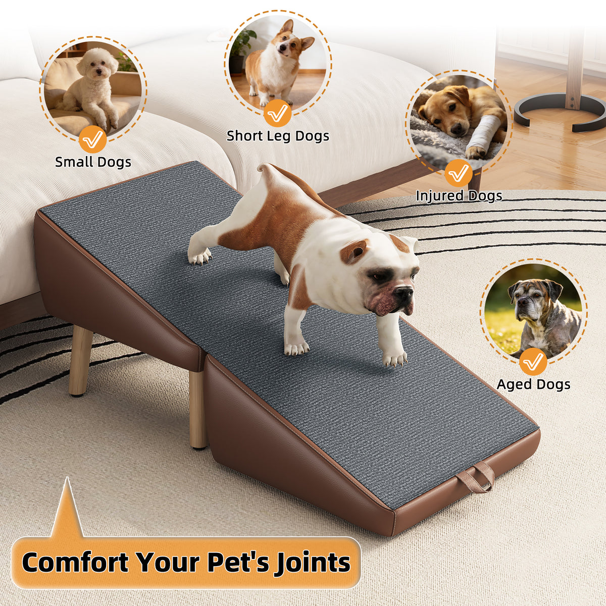 2-in-1 Wooden Dog Stairs and Ramp โ Split Ottoman Design, Non-Slip Surface, Small Dogs & Cats, Brown โ view 6