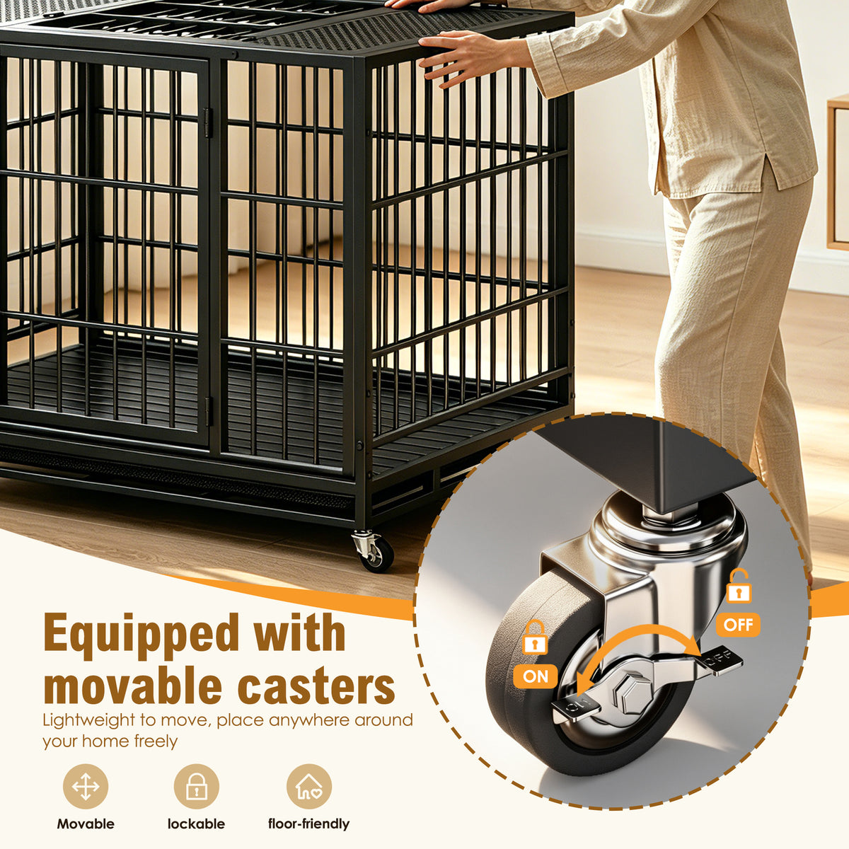 Heavy Duty Dog Crate on Lockable Wheels โ Metal Kennel with Slide-Out Tray and Perforated Top, Black โ view 9