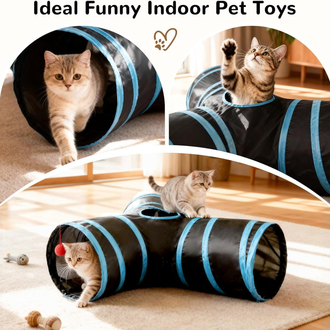 3-Way Collapsible Cat Tunnel โ Indoor Play Tube with Peek Holes & Dangling Ball, Black โ view 4