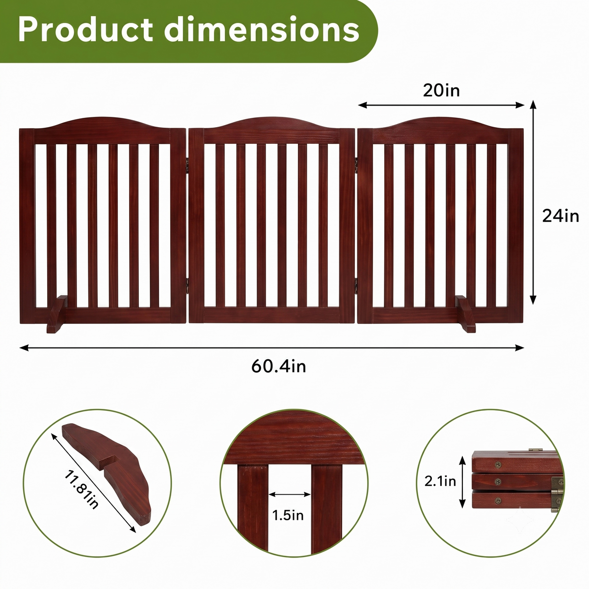 Freestanding Wooden Dog Gate โ 3-Panel Foldable Step-Over Pet Fence, No Assembly, 24 in, Brown โ view 6