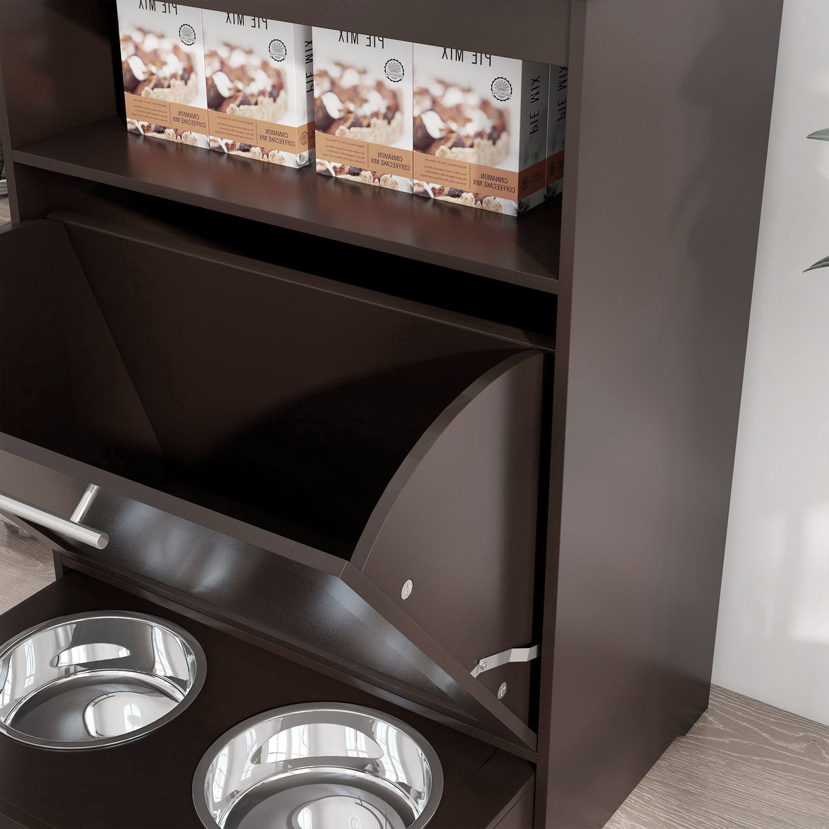 Pet Feeder Station Storage Cabinet with Pull-Out Bowl Drawer, Shelf & Leash Hooks, Brown โ view 8