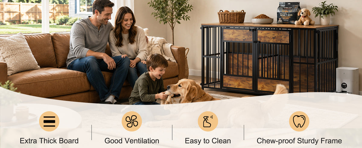 Wooden Dog Crate Furniture โ Large Indoor Kennel with Tabletop, Metal Bars, Antique Brown โ view 2