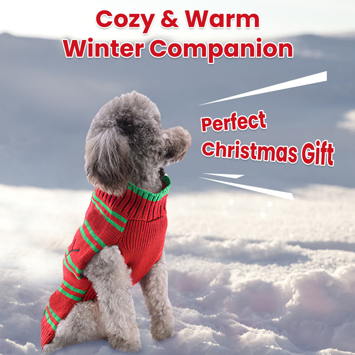 Christmas Turtleneck Pet Sweater with Snowman or Pom-Pom Stripes for Small Dogs & Cats โ view 6