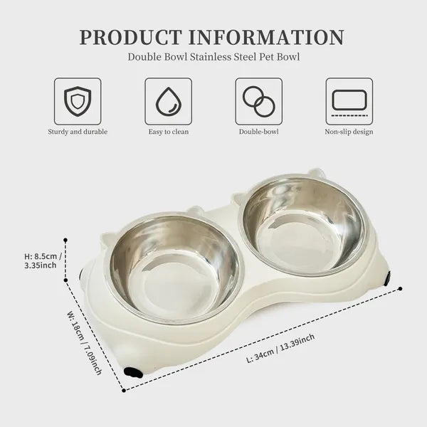 Double Stainless Steel Cat Food & Water Bowl Set with Non-Slip Base, White, 600 ml Each