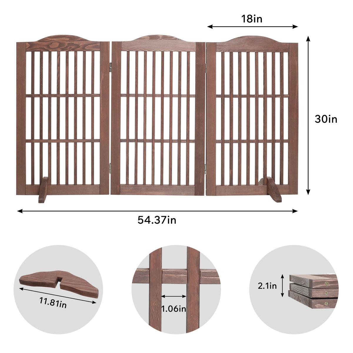 Foldable Wooden Dog Gate โ Freestanding 3-Panel Step-Over Fence with Support Braces, 30 In, Brown โ view 3