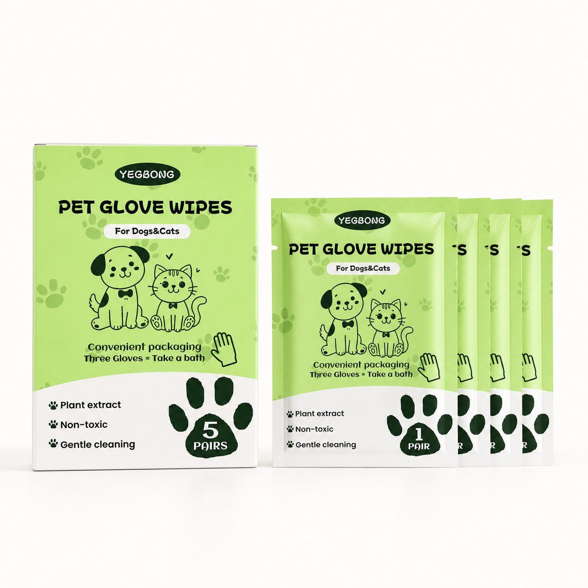 Disposable Pet Glove Wipes for Dogs and Cats โ Moist Coat and Paw Wipes, 5 Pack