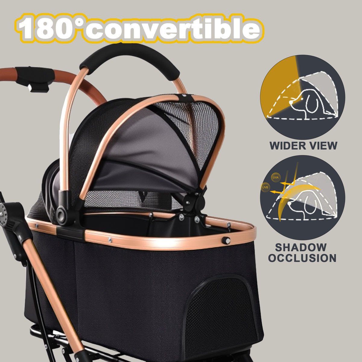 2-in-1 Detachable Pet Stroller – One-Hand Fold, Carry Basket, Sun Canopy, Storage Basket, Black – view 9