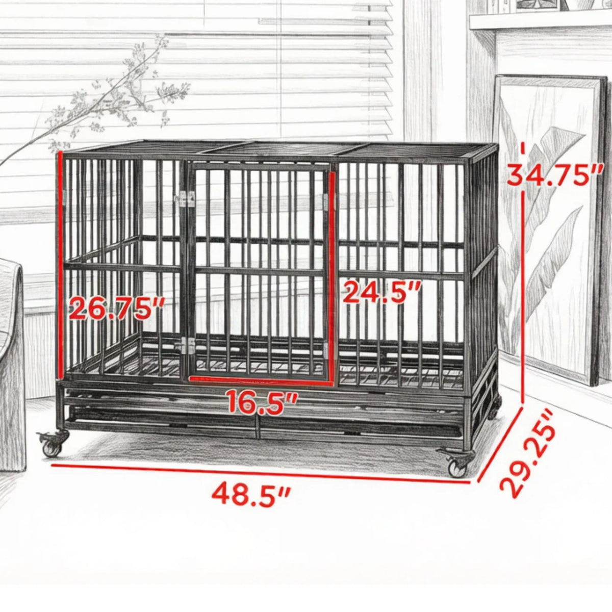48 in Heavy-Duty Dog Crate with Locking Wheels โ Double Door, Removable Tray, Gray โ view 4