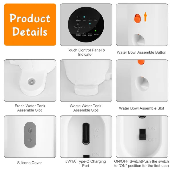 Cordless Rechargeable Pet Water Fountain, 3 L (101 oz) with Touch Control, White โ view 3