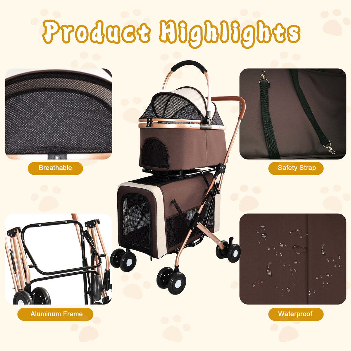 3-in-1 Double Pet Stroller – 2-Level Convertible Dog & Cat Stroller with Detachable Carrier & Tote – view 5