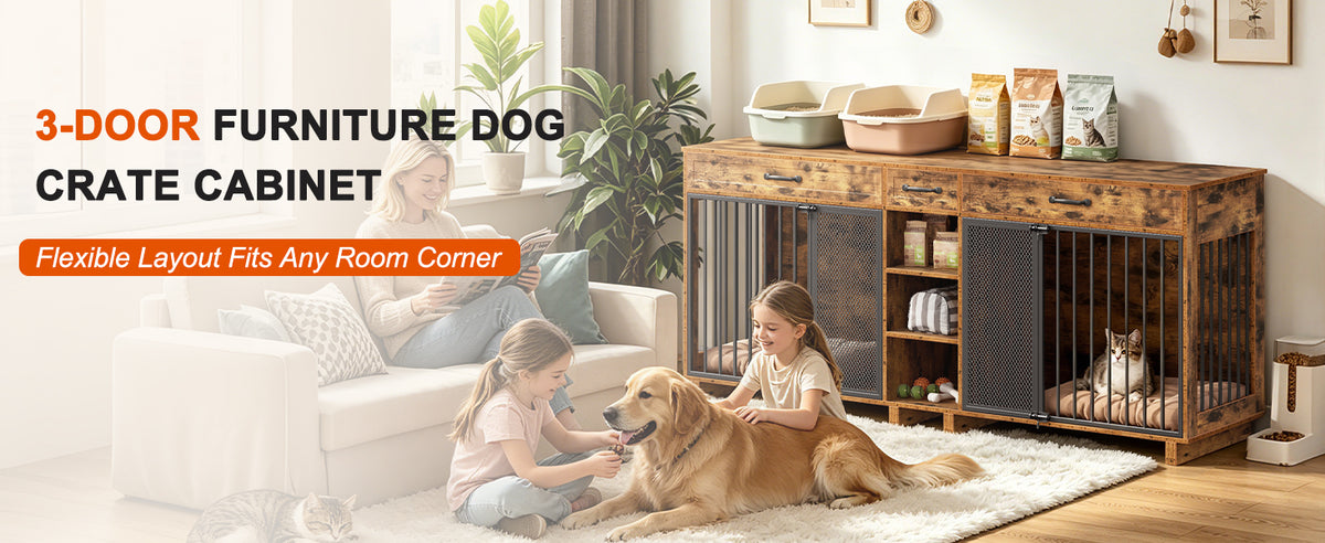 Large Wooden Double Dog Crate Furniture โ Storage Cabinet, Drawers, Shelves, Antique Brown โ view 3