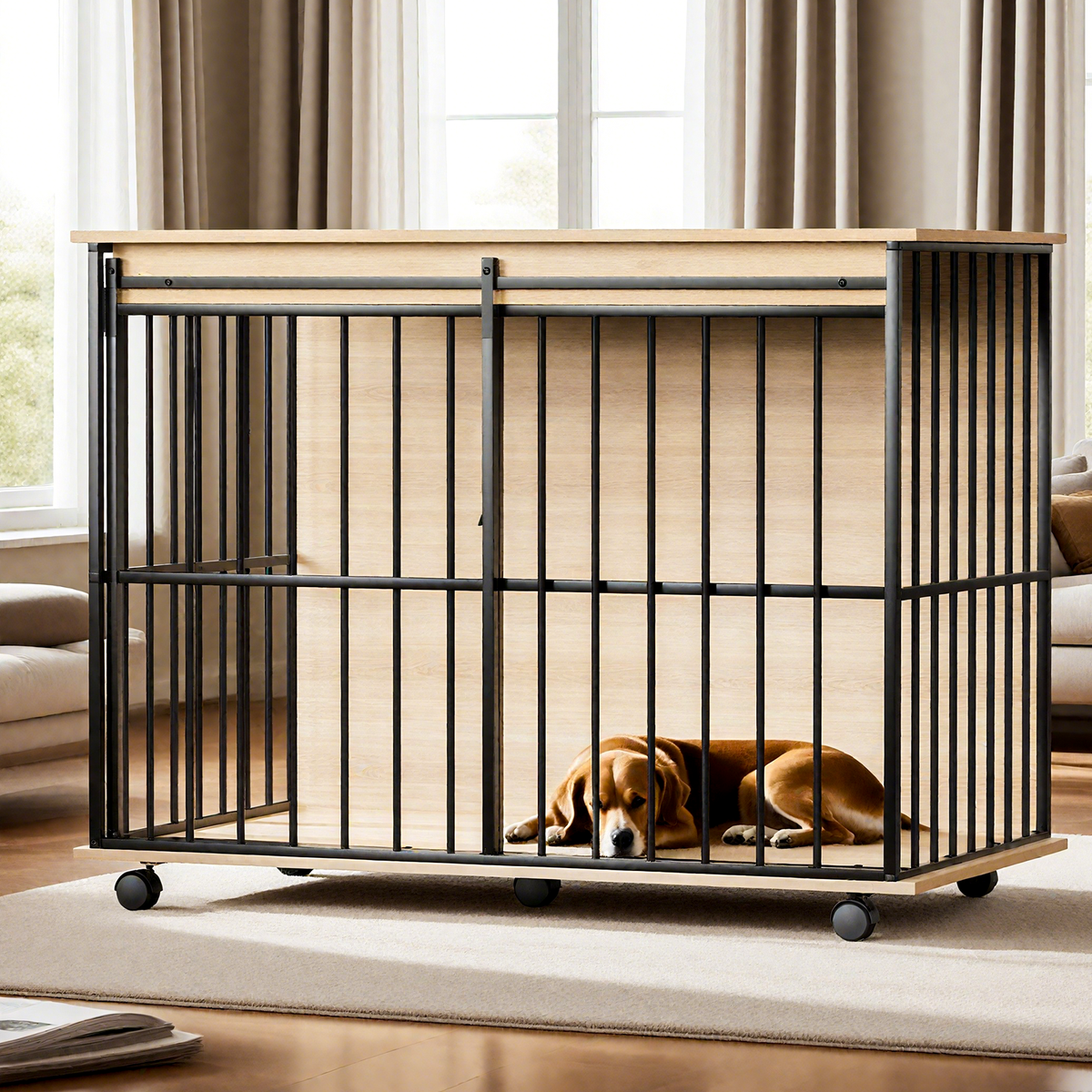 Wooden Dog Crate Furniture โ Large Kennel End Table with Sliding Door and Tray, Black and Natural โ view 8