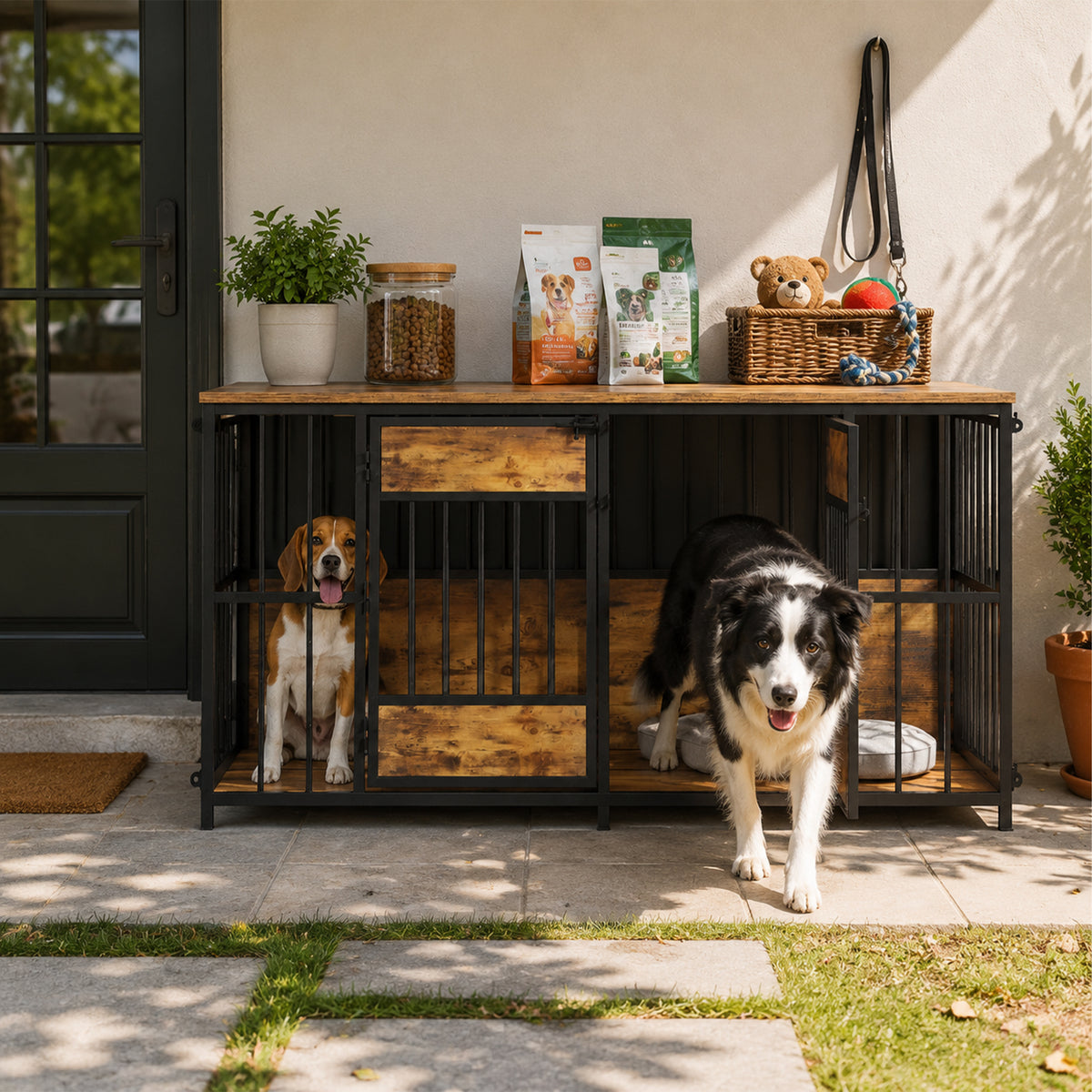 Wooden Dog Crate Furniture โ Large Indoor Kennel with Tabletop, Metal Bars, Antique Brown โ view 10
