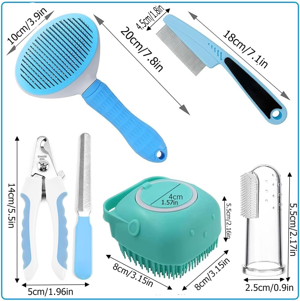 7-Piece Pet Grooming Kit โ Self-Cleaning Slicker Brush, Flea Comb, Nail Clipper and Bath Brush โ view 2