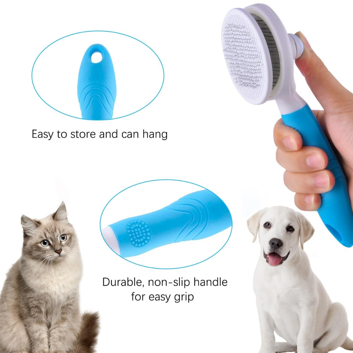 Self-Cleaning Slicker Brush for Cats & Dogs โ Stainless Steel Pins with Release Button, Blue โ view 4