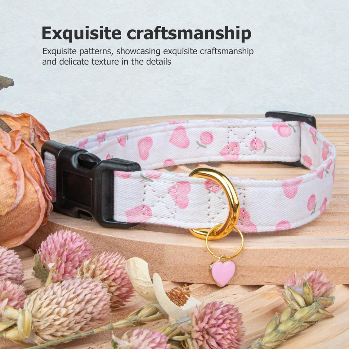 Pink Heart Dog Collar with Pendant โ Soft Cotton Adjustable Collar for Dogs & Puppies, White & Pink โ view 5