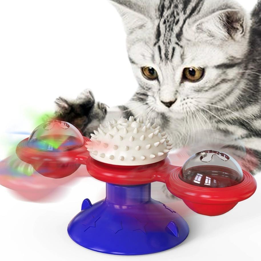 Windmill Cat Toy Set with Rotating Disk, Feather Teasers and Tumbler for Indoor Cats