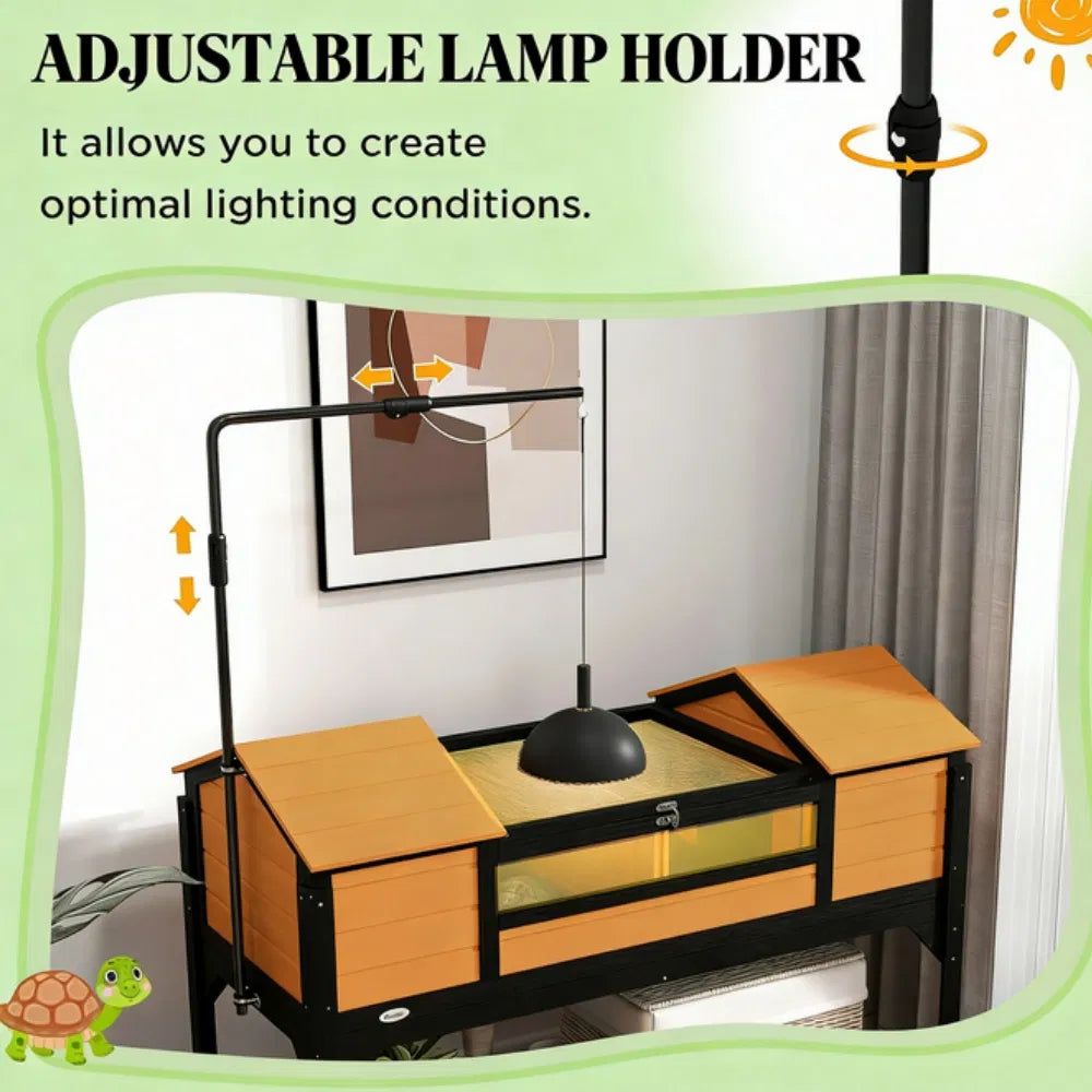 Wooden Tortoise House with Dual Hide Boxes, Divided Run & Lamp Holder, Yellow and Black โ view 5