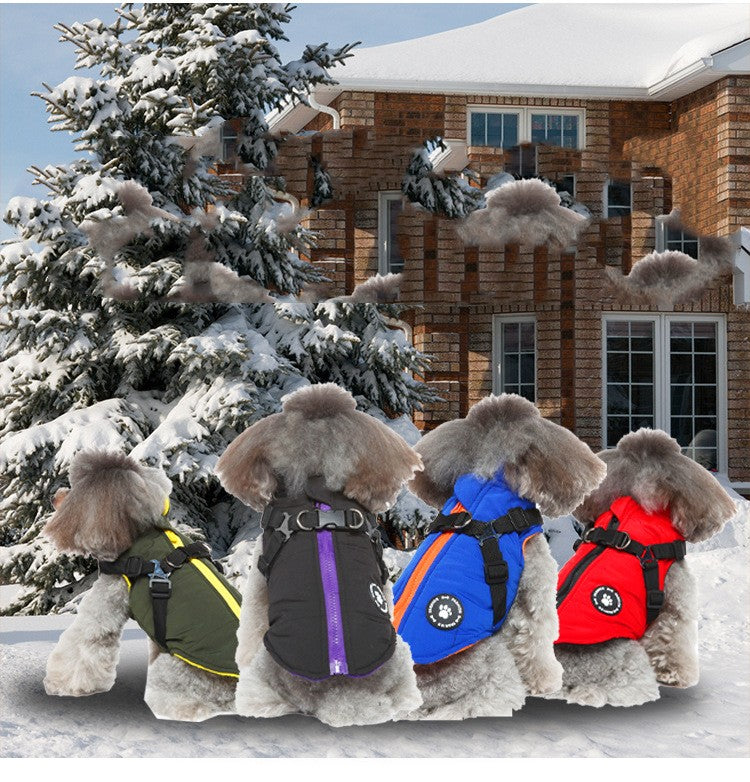 Padded Dog Jacket with Chest Strap – Polyester Winter Coat in Blue, Green or Red