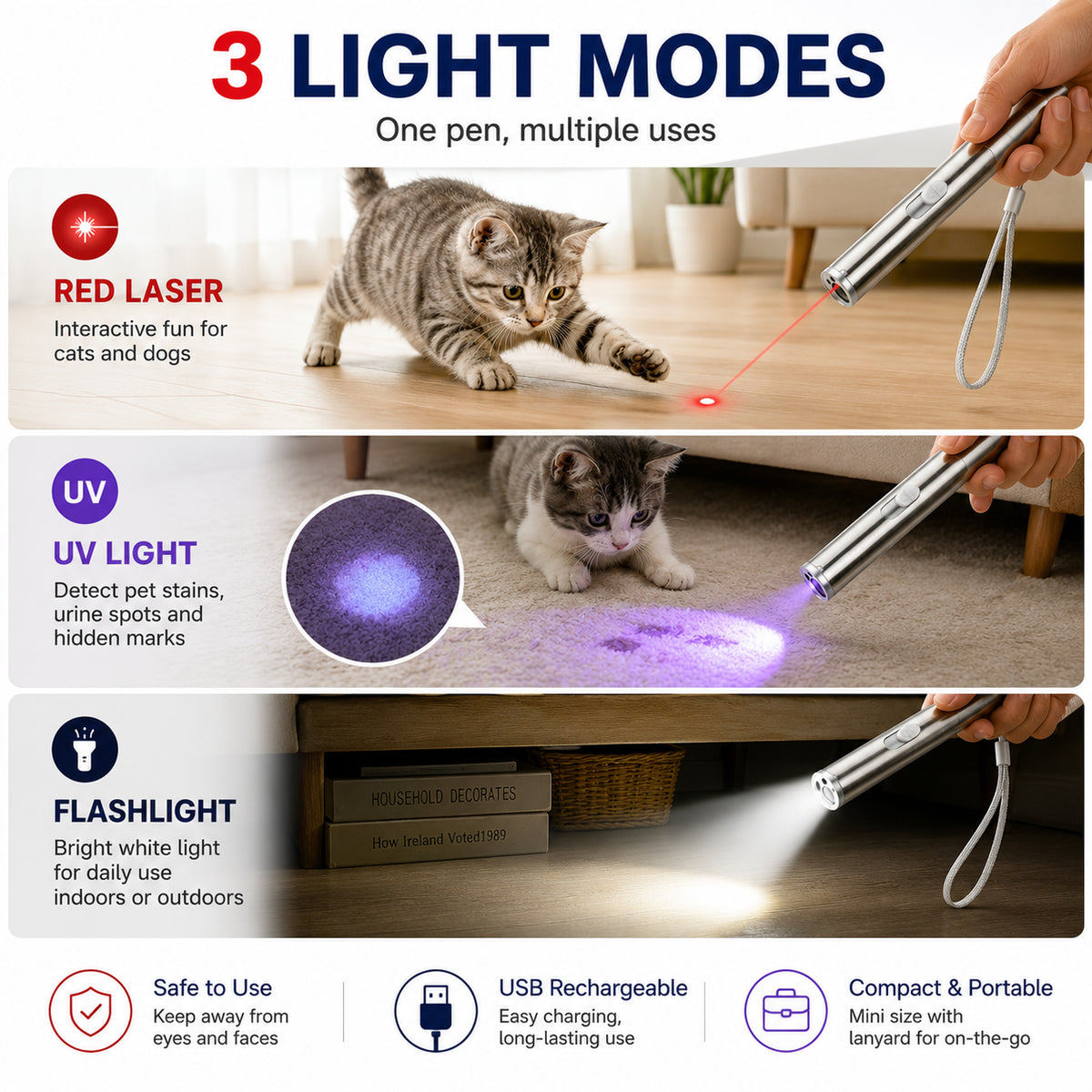 3-in-1 USB Rechargeable Pet Laser Pointer – Red Laser, UV Light &amp; LED Flashlight Pen – view 4