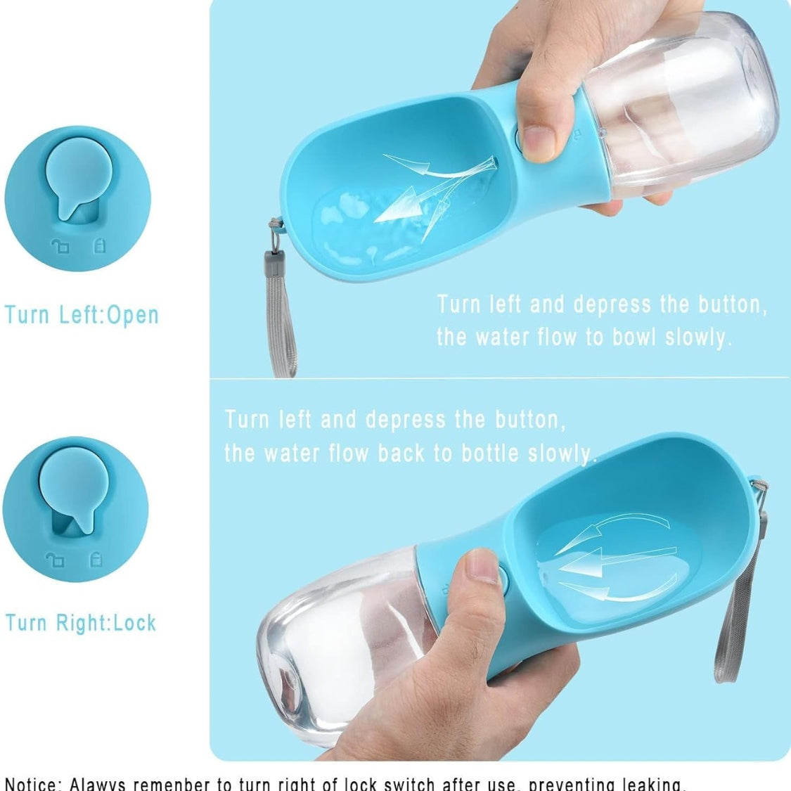 Dog Travel Water Bottle with Attached Food Container &amp; Carbon Filter – Leak-Proof Lock, Blue – view 5