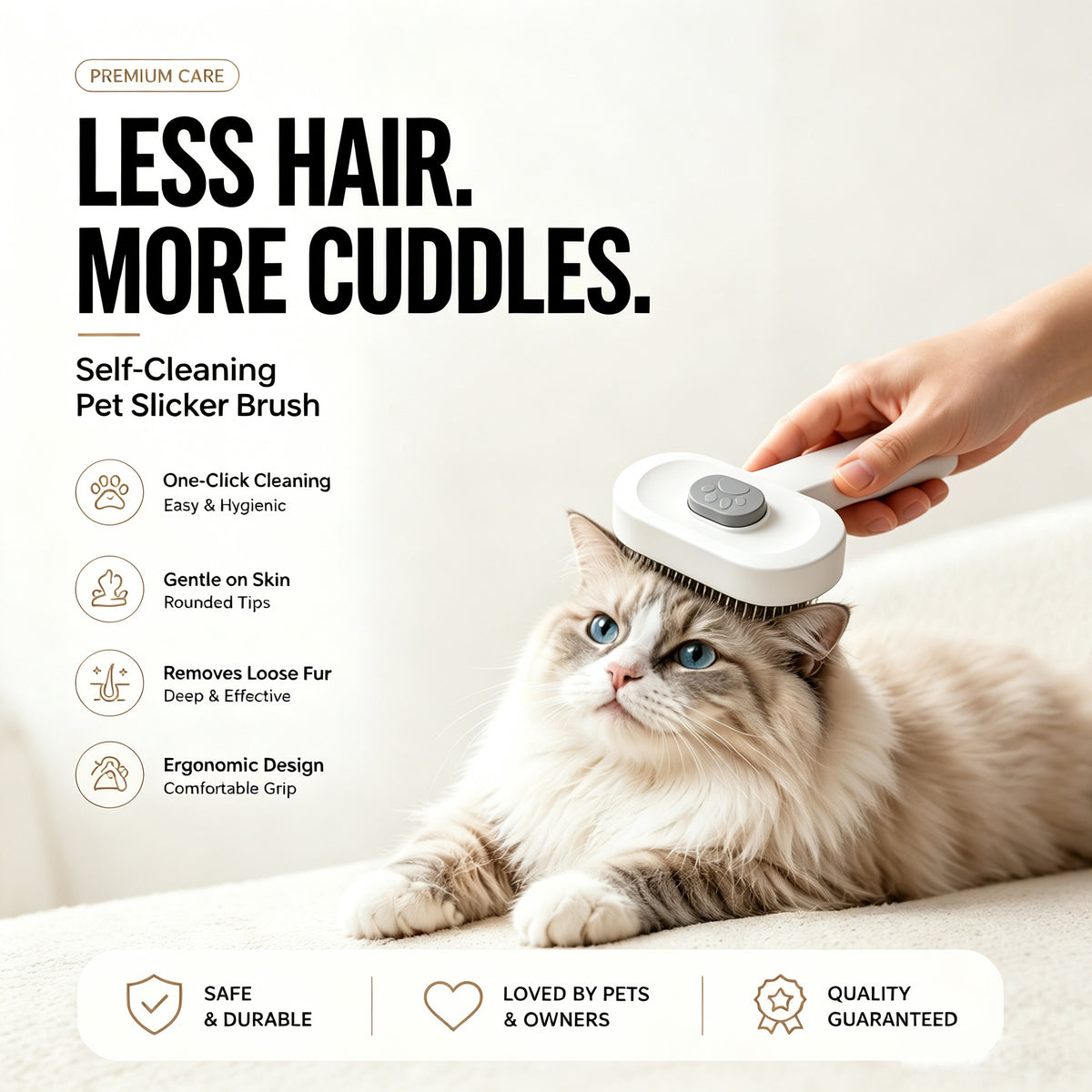 One-Click Self-Cleaning Slicker Brush for Cats &amp; Dogs – Stainless Steel Pins, White – view 2