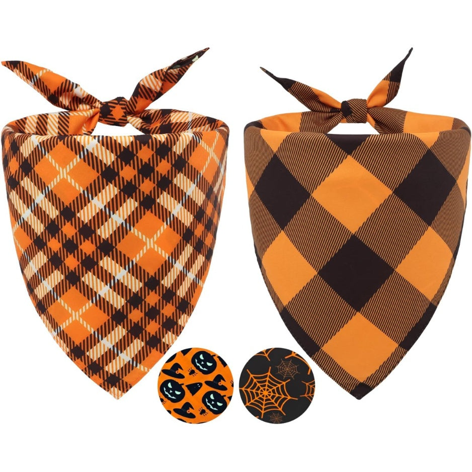 Halloween Dog Bandanas 2-Pack – Reversible Pumpkin &amp; Spider Web Scarves for Medium &amp; Large Dogs, Orange