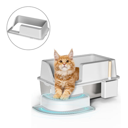 Stainless Steel Cat Litter Box with Step Footboard &amp; Scoop – 30 L, Semi-Enclosed