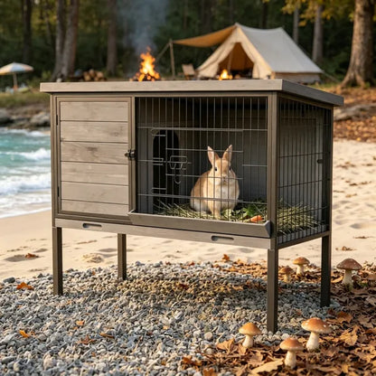 Wooden Rabbit Hutch with Run – Elevated Small Animal Cage, Pull-Out Tray, Waterproof Roof, Gray – view 4
