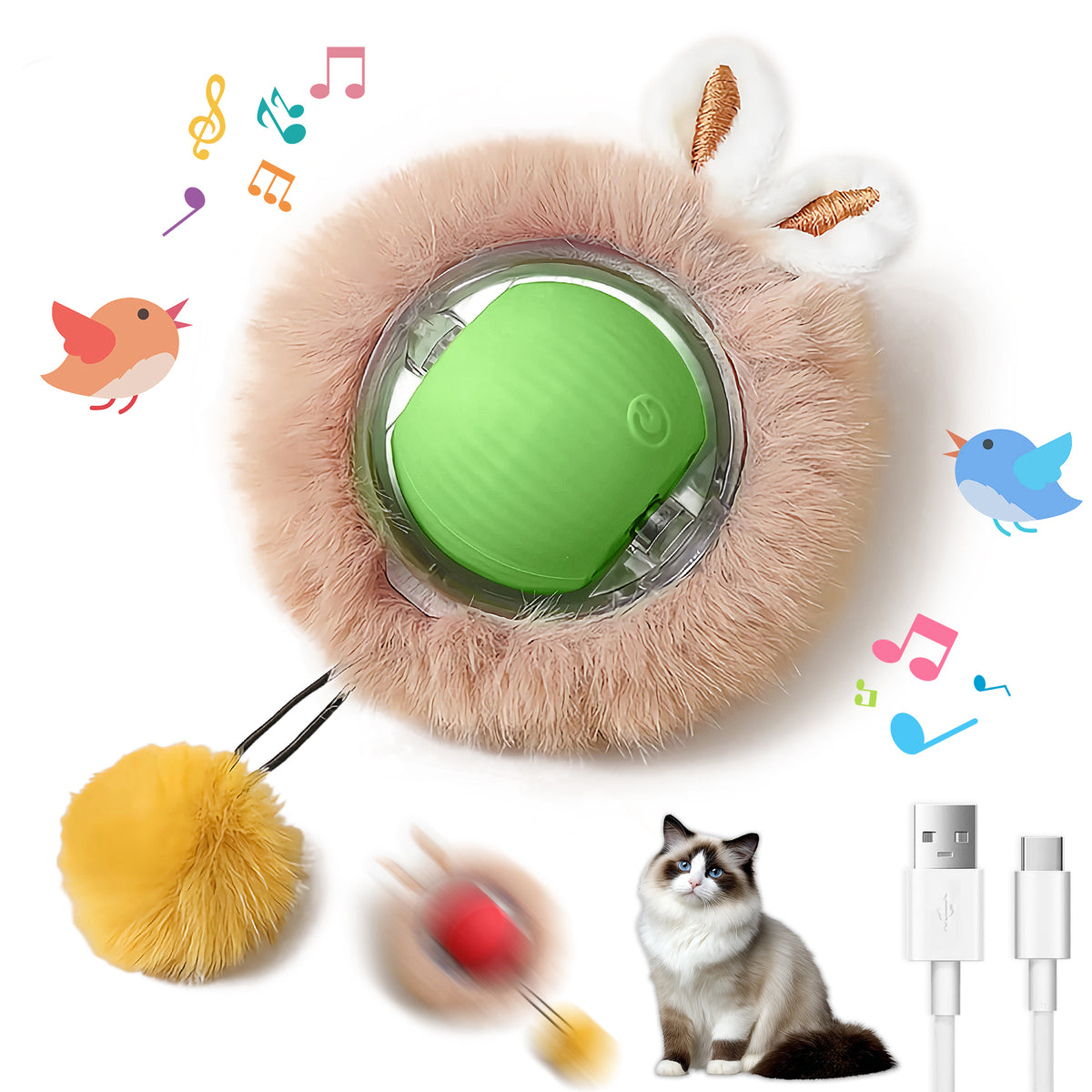 Motion-Activated Moving Cat Ball with Lights, Fluffy Tail and Bunny Ears, 3 Speed Modes – view 2