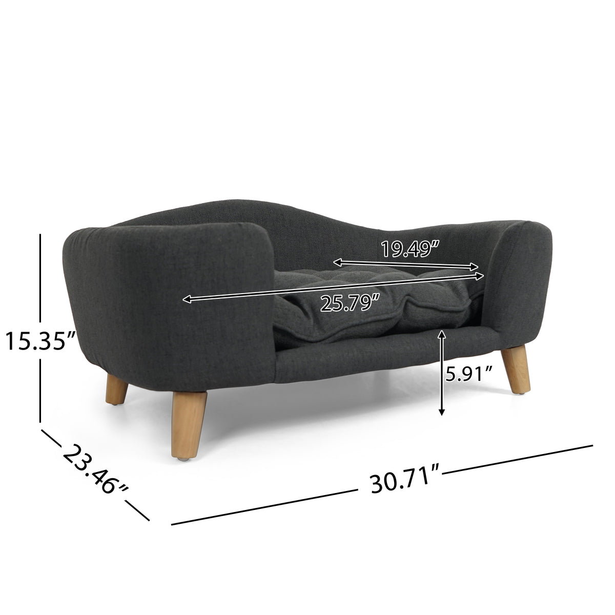 Elevated Small Dog Bed – Fabric Pet Couch with Rubber Wood Legs and Foam Cushion, Dark Gray – view 4