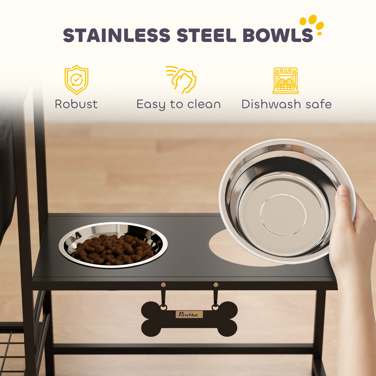 Height-Adjustable Dog Feeding Station with 4 Stainless Bowls, Drawer &amp; Toy Bin, Black – view 7