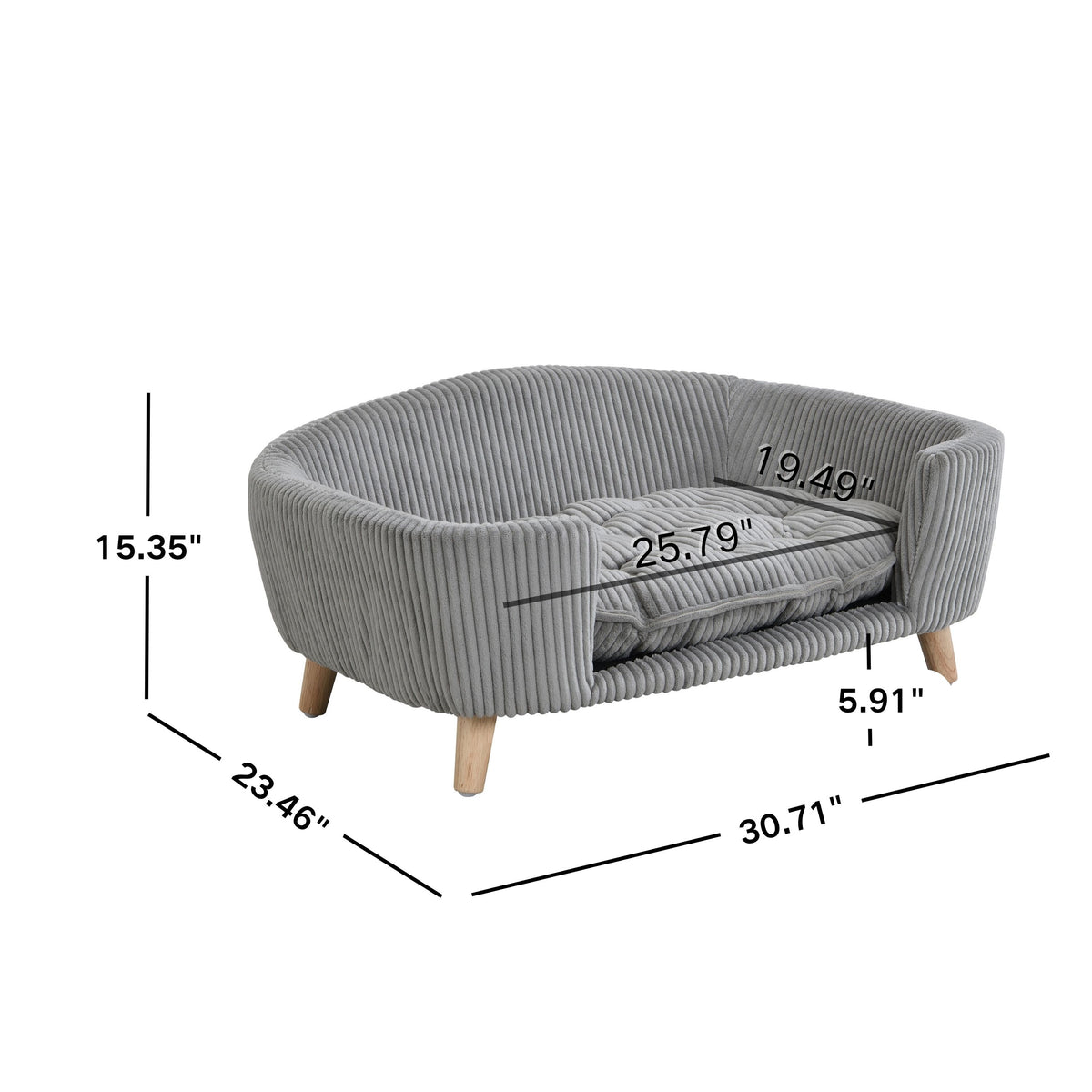 Elevated Dog Bed for Small Dogs – Corduroy Couch, Rubber Wood Legs, Supportive Foam, Grey – view 5