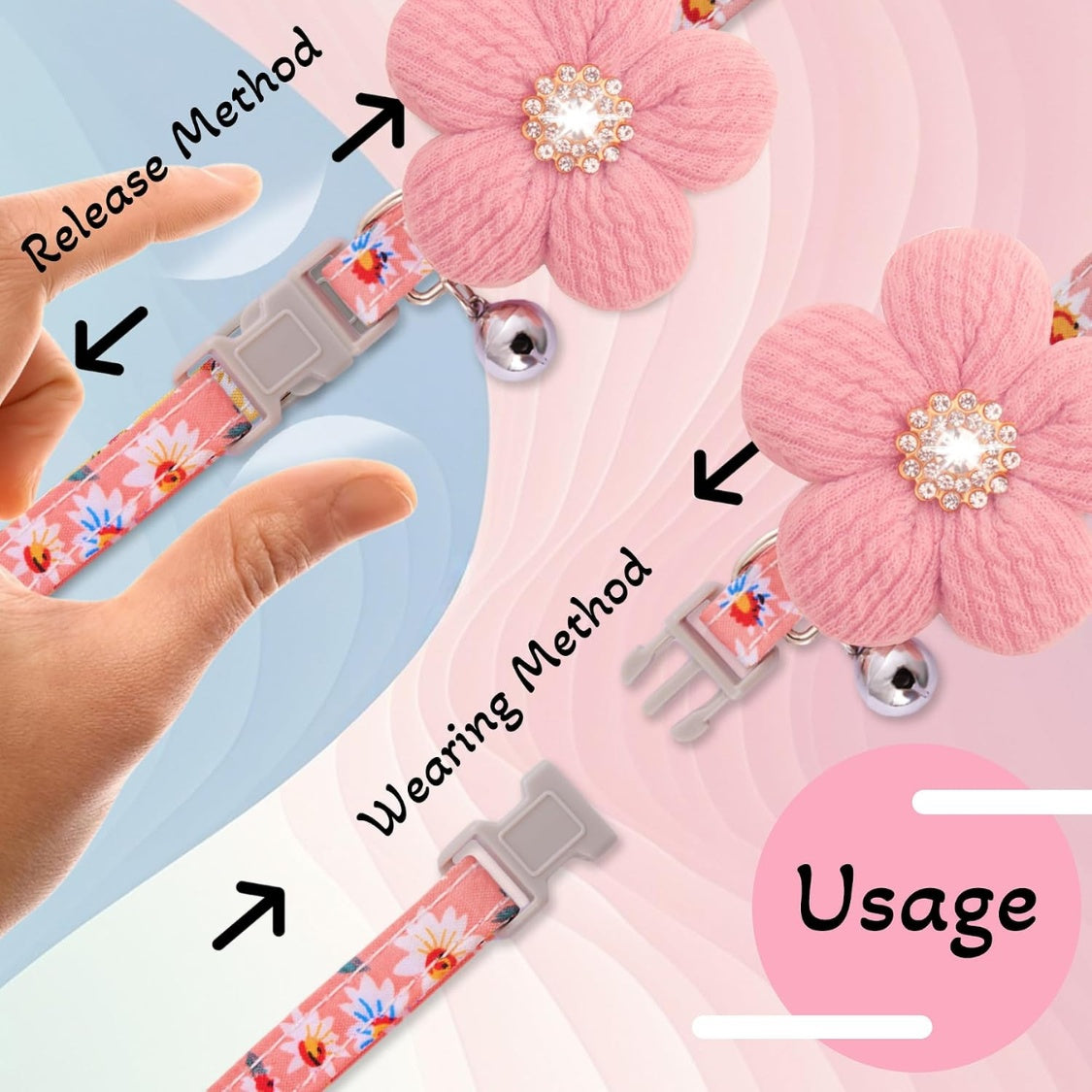 Flower Dog Collar with Bell – Cute Floral Cotton Collar for Small Girl Dogs, Adjustable, Pink – view 3