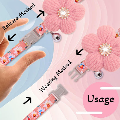 Flower Dog Collar with Bell – Cute Floral Cotton Collar for Small Girl Dogs, Adjustable, Pink – view 3