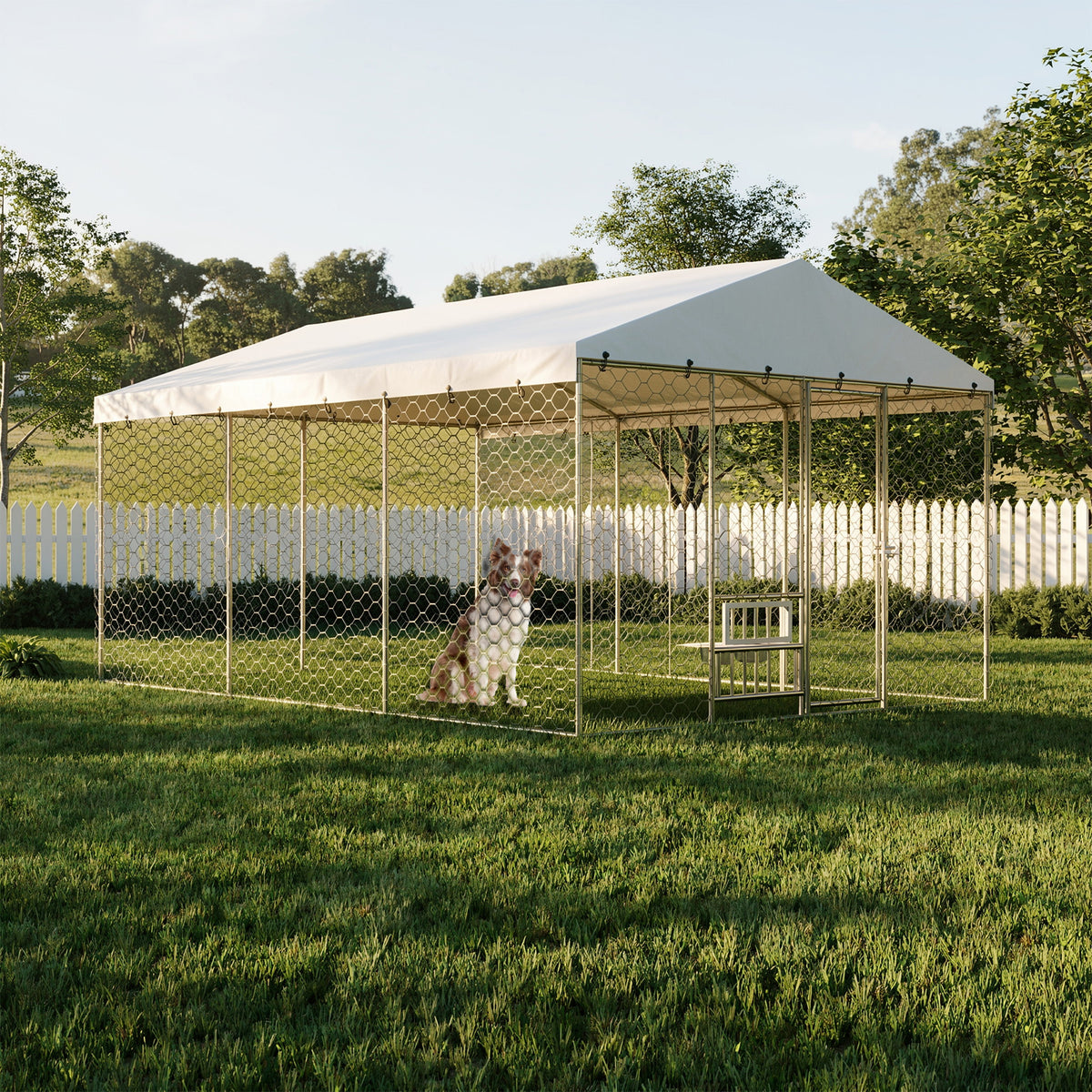 Large Outdoor Dog Kennel with Canopy – Galvanized Steel, Waterproof Roof, Feeding Bowls, 15 x 10 Ft