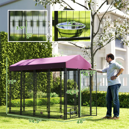 Large Outdoor Dog Kennel with Roof Cover – 30 sq ft, 12 Wire Panels, Rotating Bowl Holders, Red – view 6
