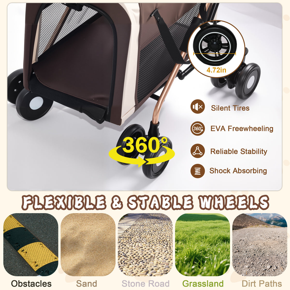 Double Pet Stroller for Dogs and Cats – 3-in-1 Carrier &amp; Tote, Shockproof Wheels, Brakes, Khaki – view 7
